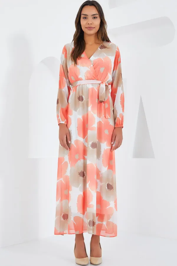 Robe en mousseline de soie orange et beige à fleurs pour femme 2134