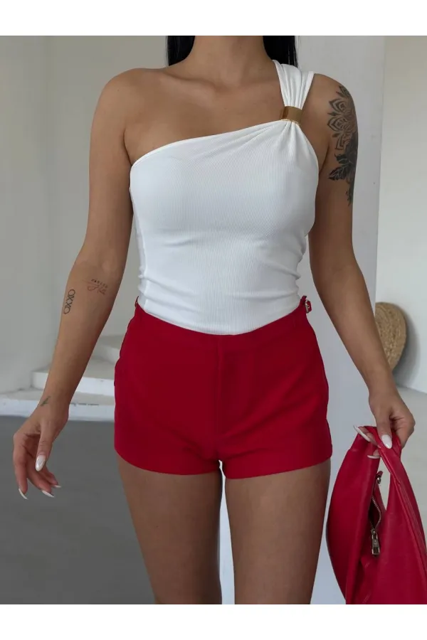 Women's White One Shoulder Gold Metal Detailed Blouse HZL25S-FRY123111