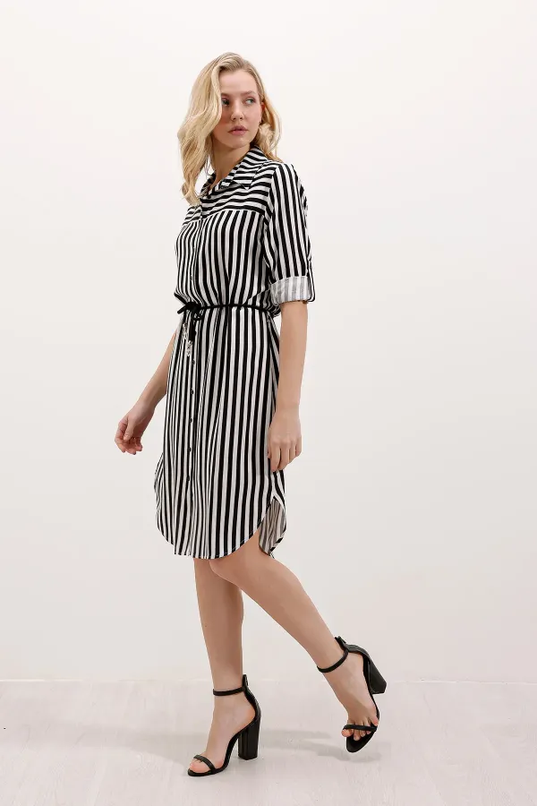 5629 Striped Belted Dress - Black