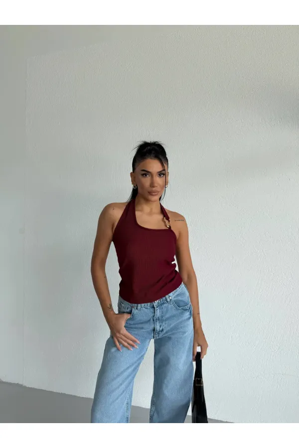 Kadın Bordo Ottoman Kumaş Halter Yaka Toka Detay Bluz HZL26W-FRY123321