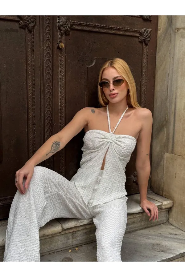 Kadın Beyaz Boyundan Bağlamalı Staplez Bluz HZL25S-ZK13581