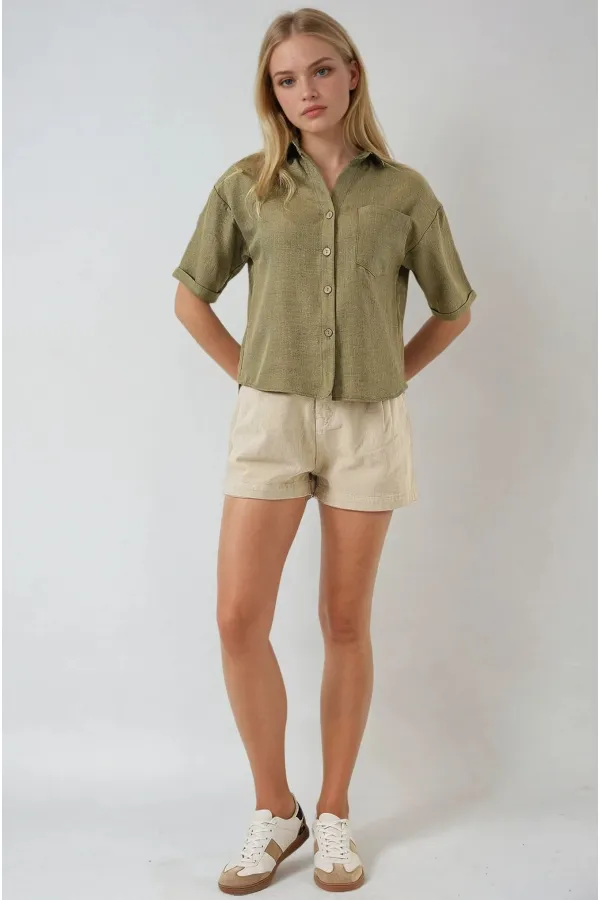 Kadın Haki Keten Görünümlü Crop Gömlek HZL25S-BD1203391