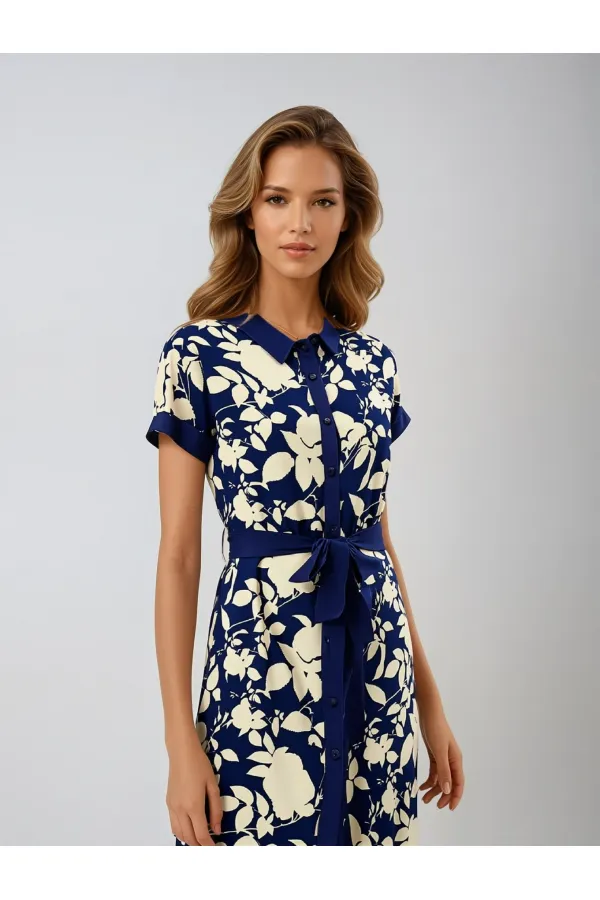 Kadın Lacivert Krem Kuşaklı Çiçek Desenli Düğmeli Yazlık Viskon Elbise HZL24S-BD124551