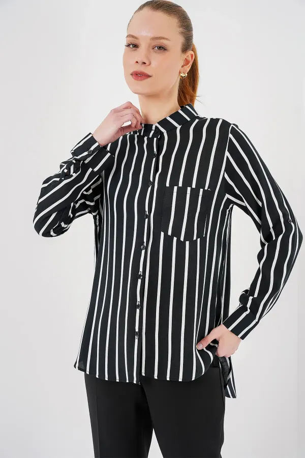Chemise rayée à manches longues pour femme 20283 - Noire