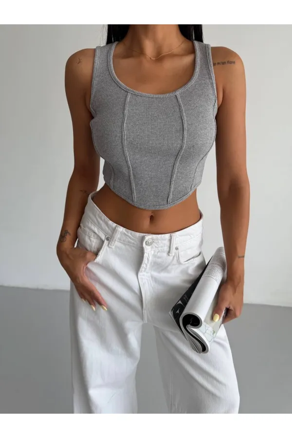 Chemisier court côtelé gris pour femme HZL25S-FRY123171