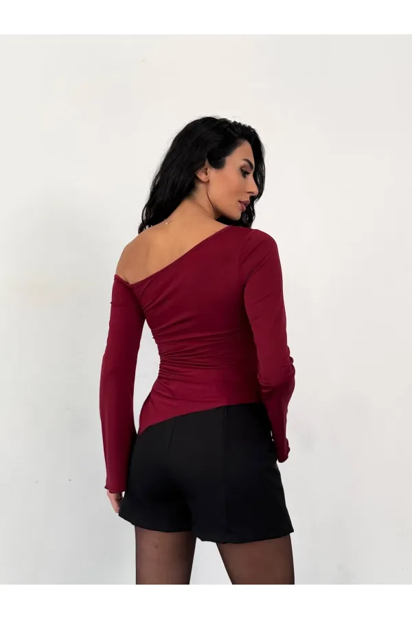Kadın Bordo Asimetrik Kesim İspanyol Kol Beli Büzgülü Sandy Bluz HZL25W-FRY123591