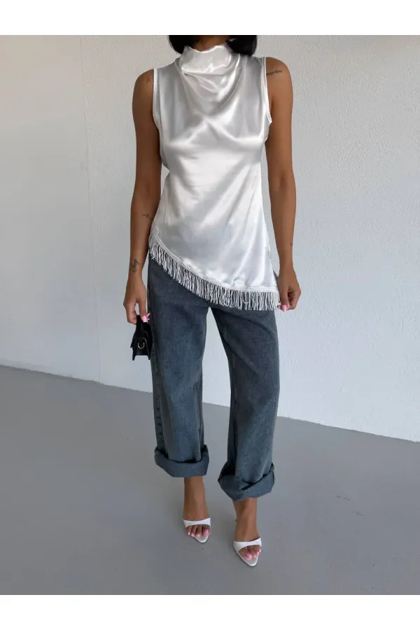 Women's White Halter Neck Asymmetrical Cut Fringe Detail Satin Blouse HZL26S-FRY123911