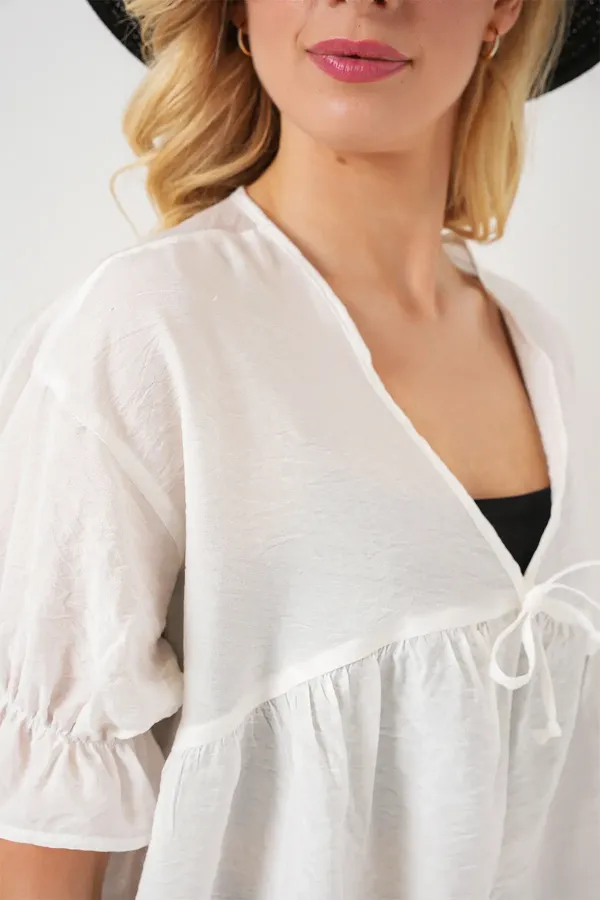 Women's Front Lace-Up Short-Sleeve Blouse 962 - White