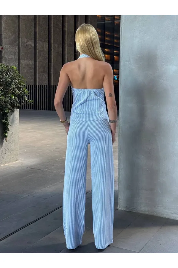 Kadın Mavi Çizgili Önü Fermuarlı Bluz Pantolon İkili Takım HZL25S-ZK13691