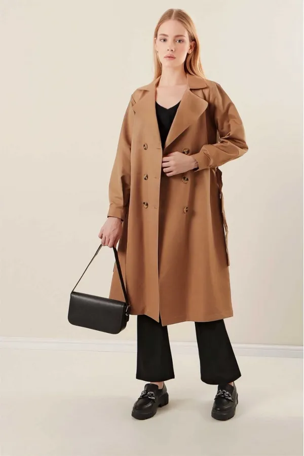 Women's Camel Double-Breasted Belted Unlined Seasonal Comfortable Trench Coat HZL22S-BD158531