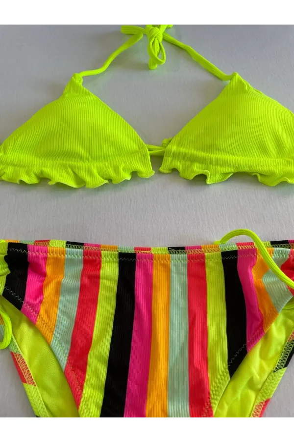 Women's Neon Yellow Patterned Halter Neck Bikini Set HZL25S-LC3350