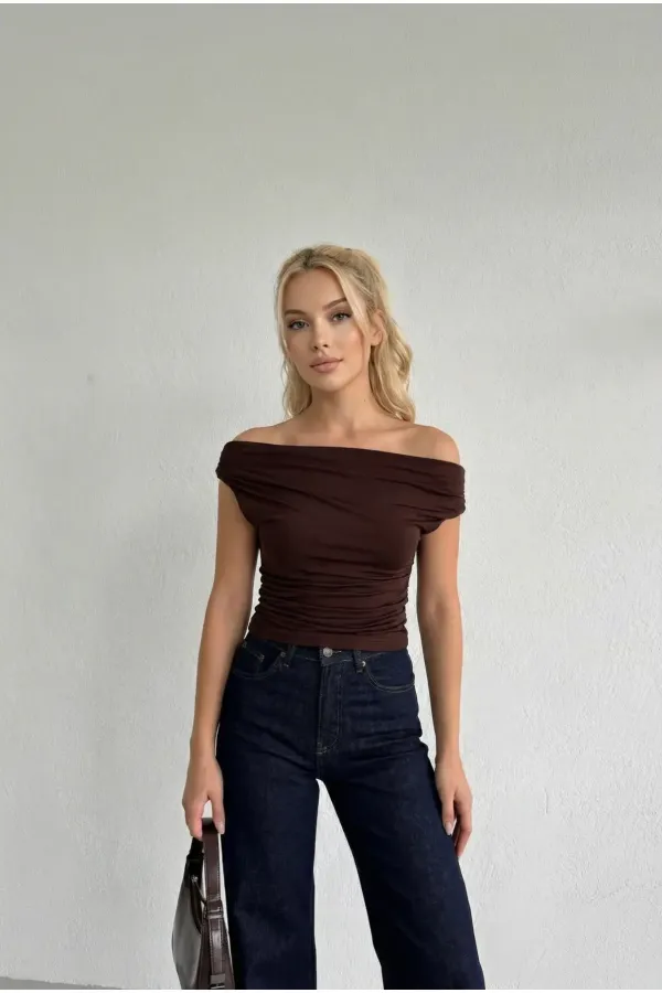 Women's Brown Green Side Draped Boat Neck Sandy Blouse HZL25S-FRY123201