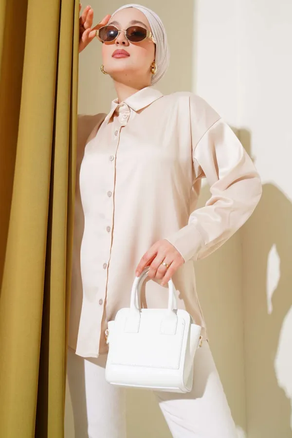 Chemise hijab crème satinée pour femme HZL25W-BD139641