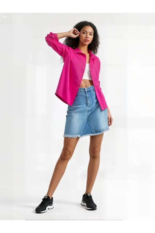 Kadın Koyu Pembe Oversize Uzun Basic Gömlek HZL22W-BD139001