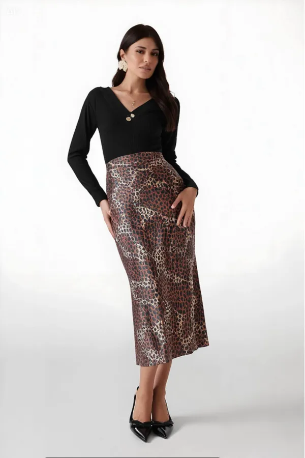 Kadın Kahverengi Leopar Desenli Saten Yüzeyli Beli Lastikli Midi Boy Etek Hzl23s-bd1101471