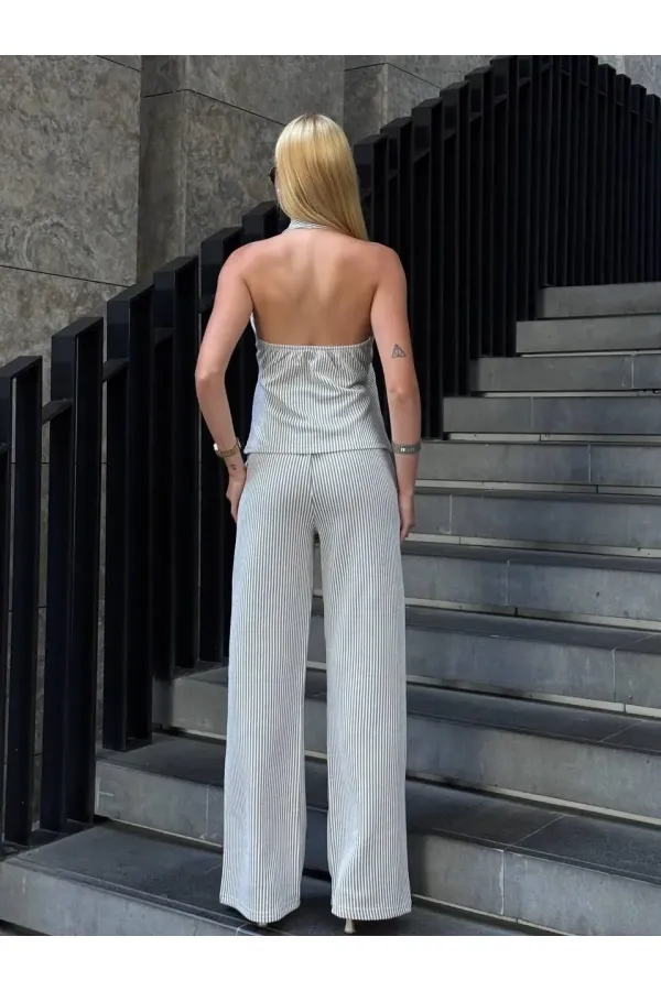 Kadın Gri Çizgili Önü Fermuarlı Bluz Pantolon İkili Takım HZL25S-ZK13691