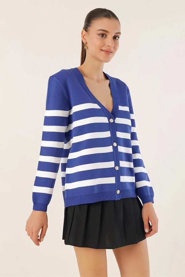 Cardigan en tricot à rayures bleu marine pour femme, coupe décontractée, col en V, HZL24W-BD1102151