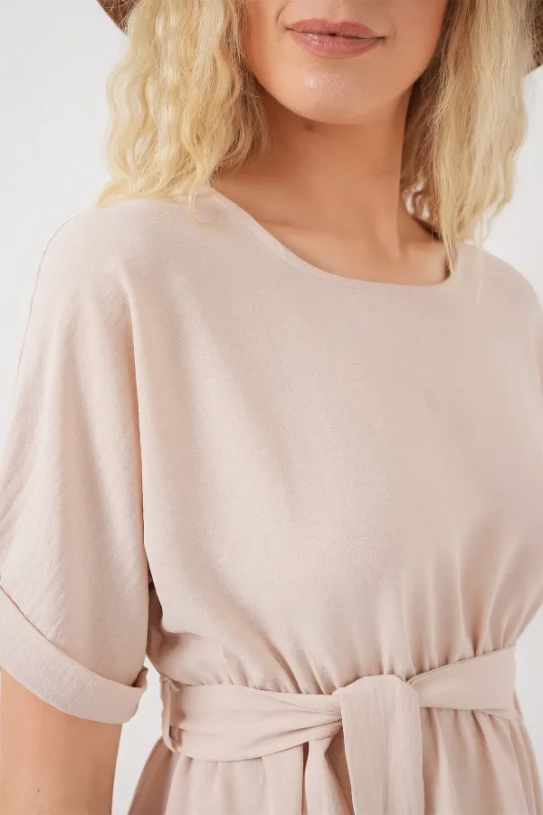 Kadın Kısa Kol Mini Ayrobin Elbise 2572 - Krem