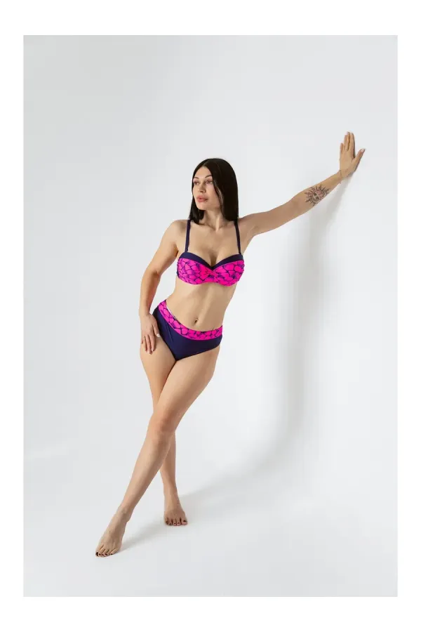 Women's Fuchsia Navy Blue Patterned Lined Bikini Set HZL25S-LC25143
