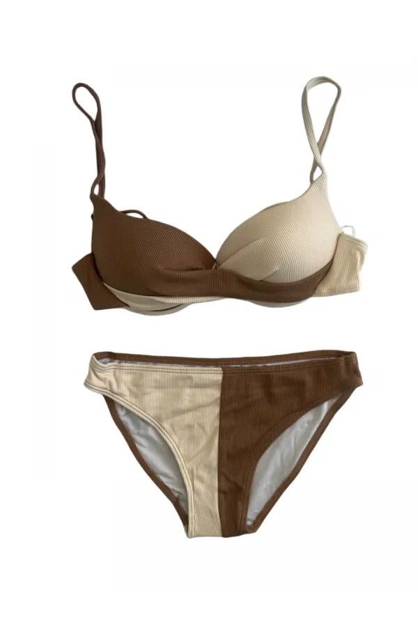 Women's Brown Cream Color Block Lined Bikini Set HZL25S-LC214