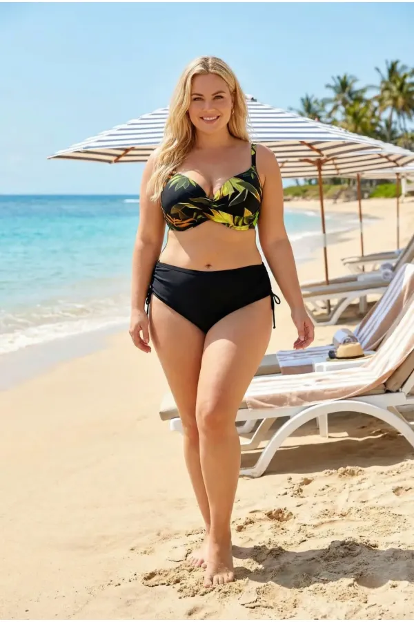 Ensemble bikini doublé grande taille à motif de feuilles noires et jaunes pour femme HZL26S-LC25153