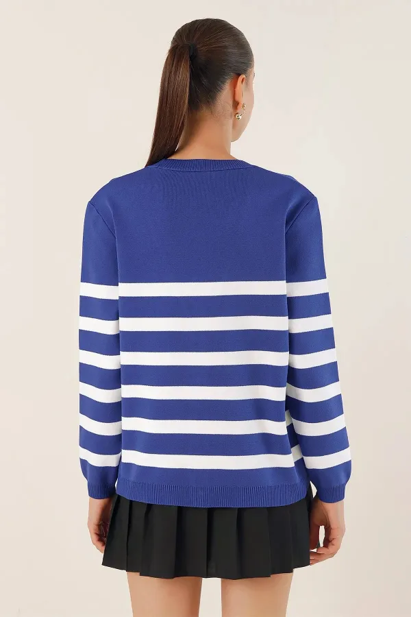 Cardigan en tricot à rayures bleu marine pour femme, coupe décontractée, col en V, HZL24W-BD1102151