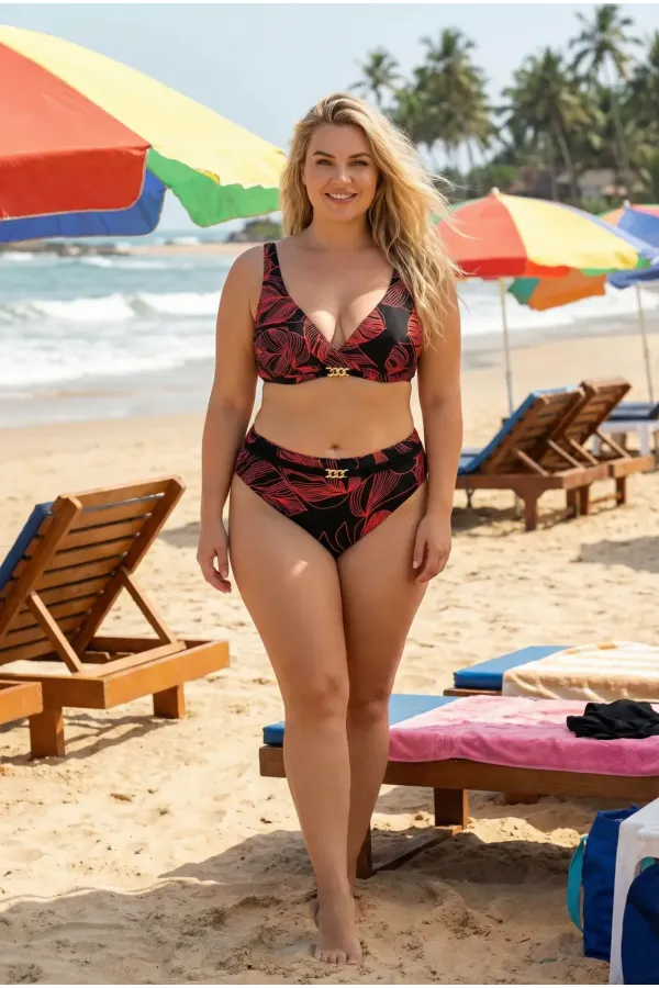 Ensemble bikini grande taille doublé avec détails accessoires noirs et rouges pour femme HZL25S-LC25147