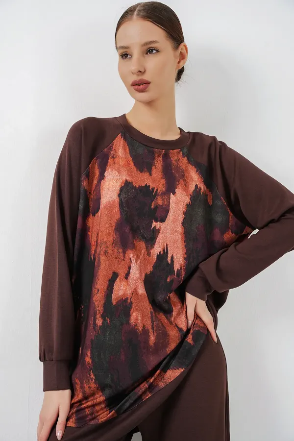 Ensemble deux pièces tunique et pantalon oversize à motifs pour femme 55462 - Marron