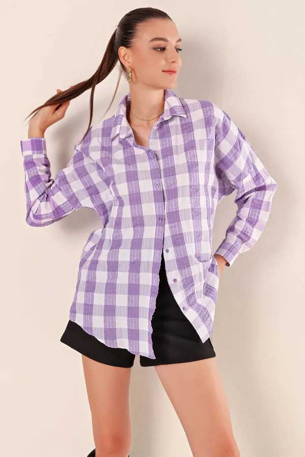 Kadın Lila Beyaz Ekose Gömlek HZL22W-BD1201451