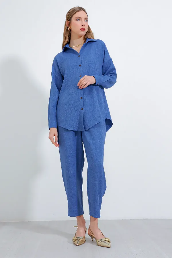 Ensemble haut et bas oversize en lin indigo pour femme 6622