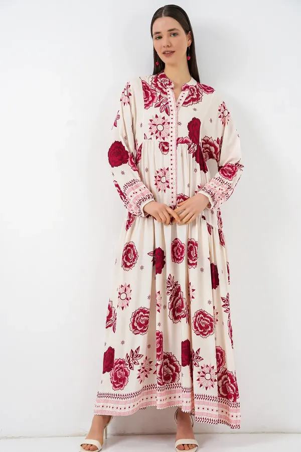 Kadın Desenli Uzun Tesettür Elbise 2585 - Bordo 1