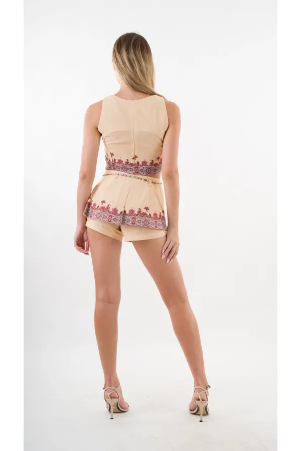 Kadın Sarı Etnik Desenli Beli Kuşaklı Bluz Şort İkili Takım HZL24S-YY261