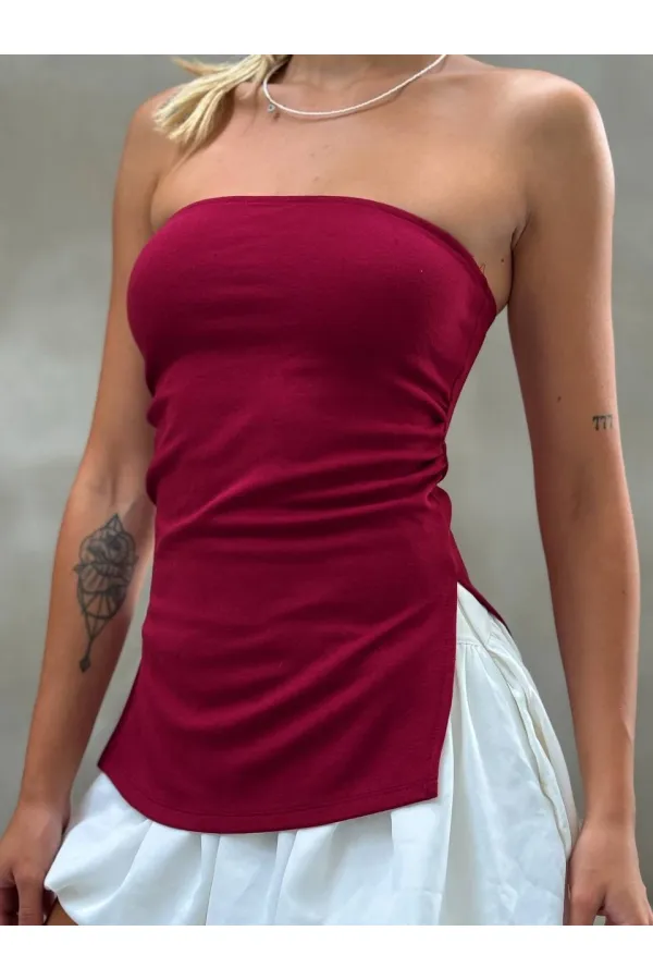 Kadın Bordo Yanı Büzgülü Çift Yırtmaçlı Straplez Bluz HZL24S-ZK13091