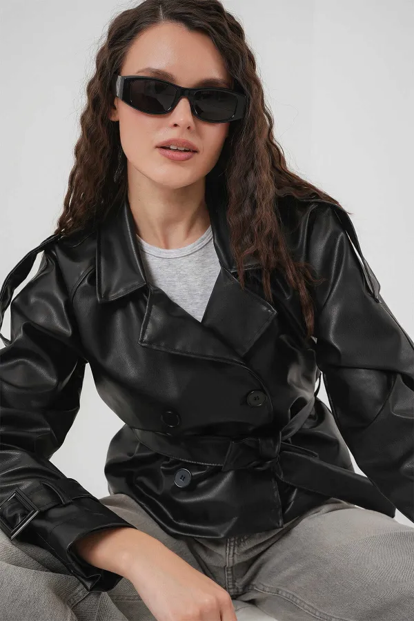 Veste en similicuir doublée noire avec ceinture pour femme HZL25W-BD110461