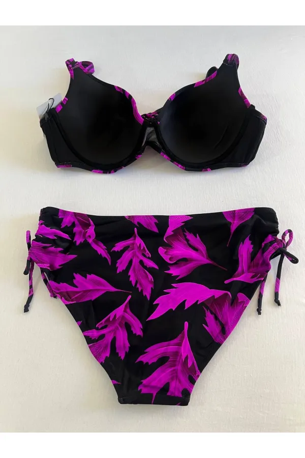 Kadın Siyah Mor Taş İşlemeli Büyük Beden Bikini Takım HZL25S-LC3337