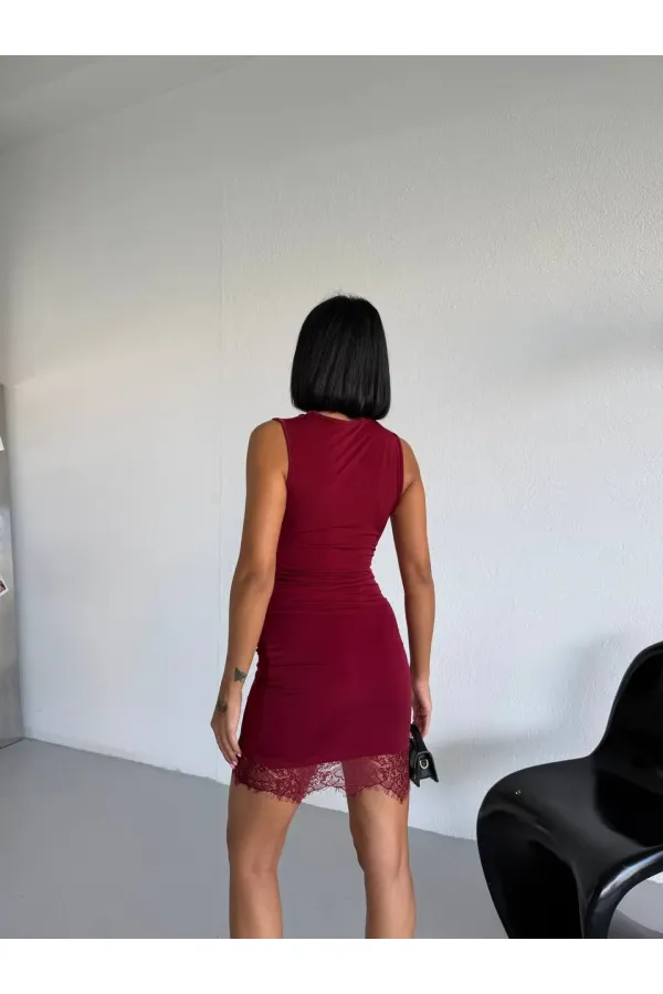 Women's Burgundy Sleeveless Lace Detail Sandy Mini Dress HZL26S-FRY123921 Women's Burgundy Sleeveless Lace Detail Sandy Mini Dress HZL26S-FRY123921