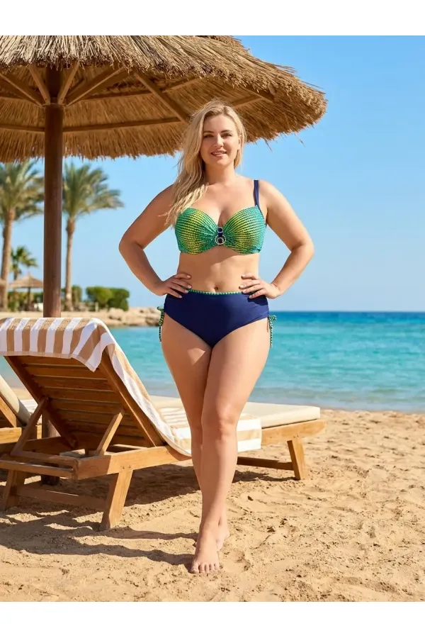 Kadın Lacivert Sarı Desenli Aksesuar Detaylı Bikini Takımı HZL26S-LC713048