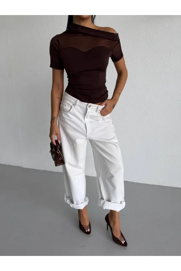 Kadın Kahverengi Tek Omuz Transparan Tül Detaylı Şık Sandy Bluz HZL26S-FRY123871