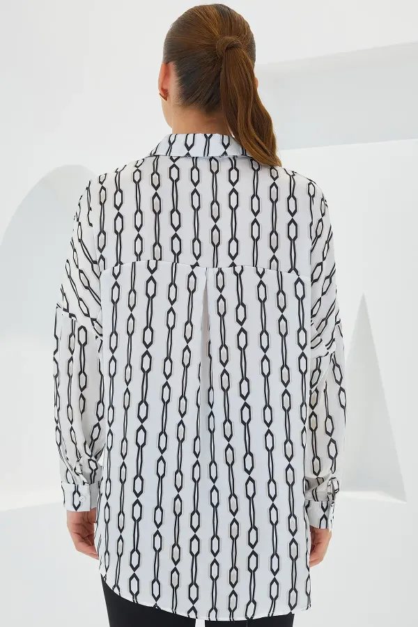 Women's Black and White Patterned Oversize Satin Shirt 3985