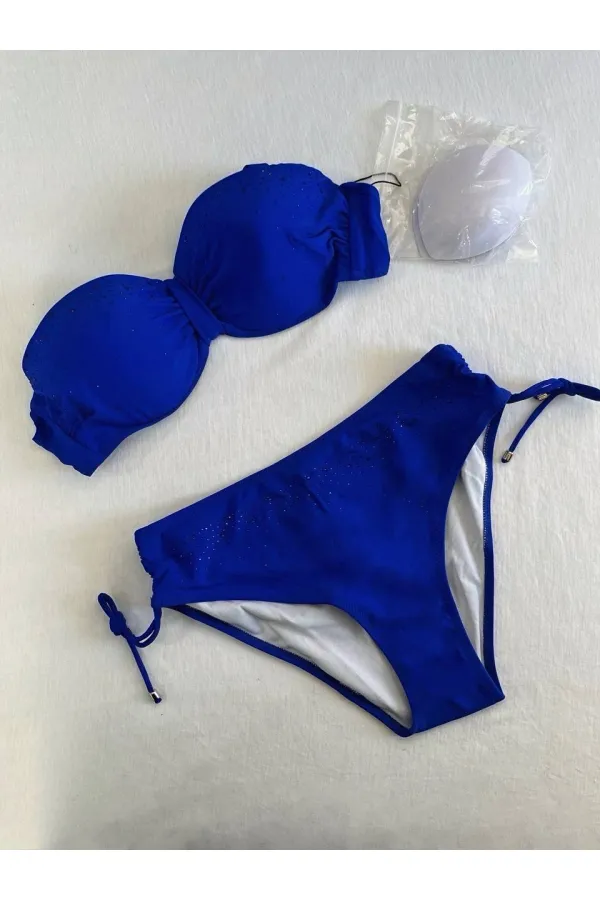 Women's Saxe Blue Stone Embroidered Lined Bikini Set HZL25S-LC3361