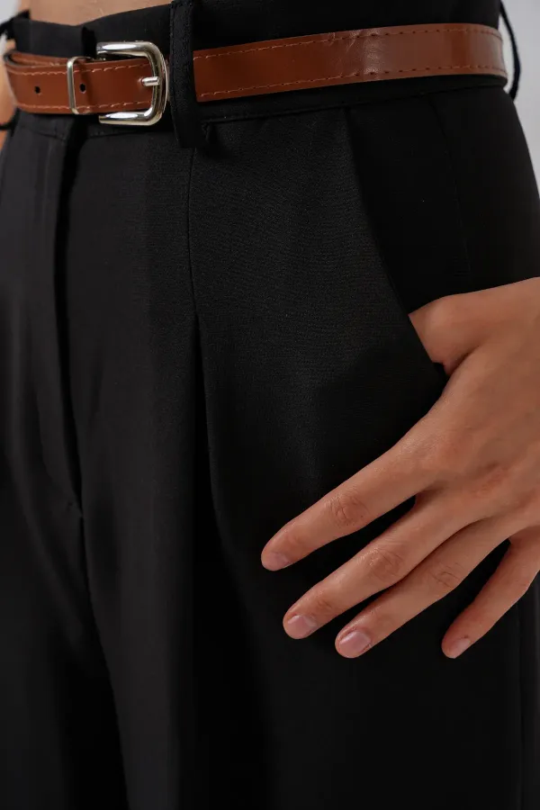 Pantalon palazzo taille haute pour femme 30051 - Noir