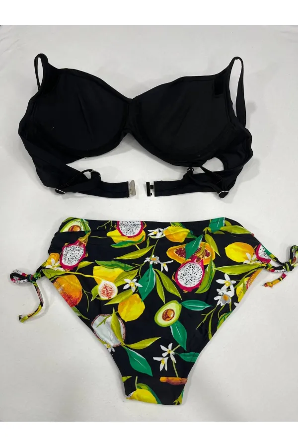 Women's Black Accessory Detailed Tropical Pattern Bikini Set HZL25S-LC3343