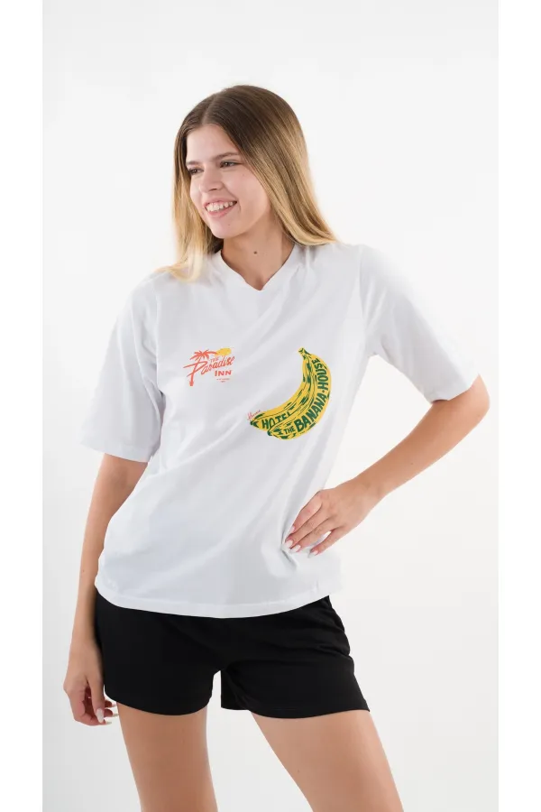 Women's White Yellow Banana House Printed Crew Neck T-Shirt HZL24S-YY302