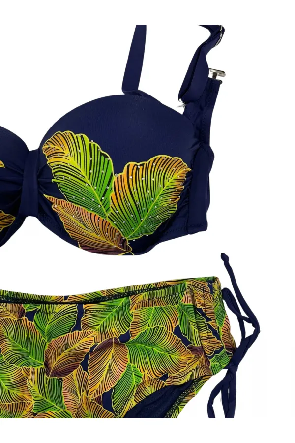Kadın Lacivert Yaprak Desenli Taş İşlemeli Astarlı Bikini Takım HZL25S-LC3305