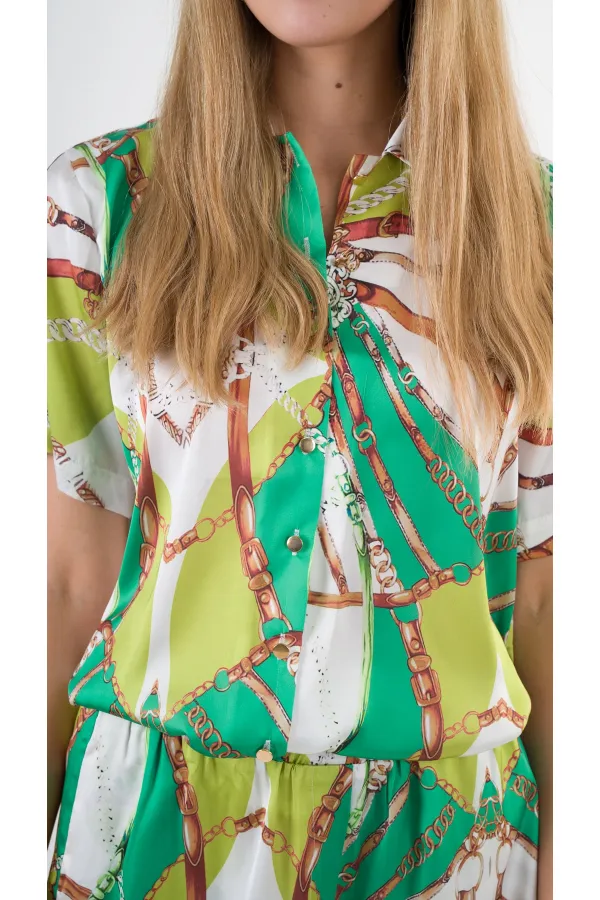 Kadın Fıstık Yeşili Desenli Şort Gömlek Alt Üst Takım  HZL24S-YY226