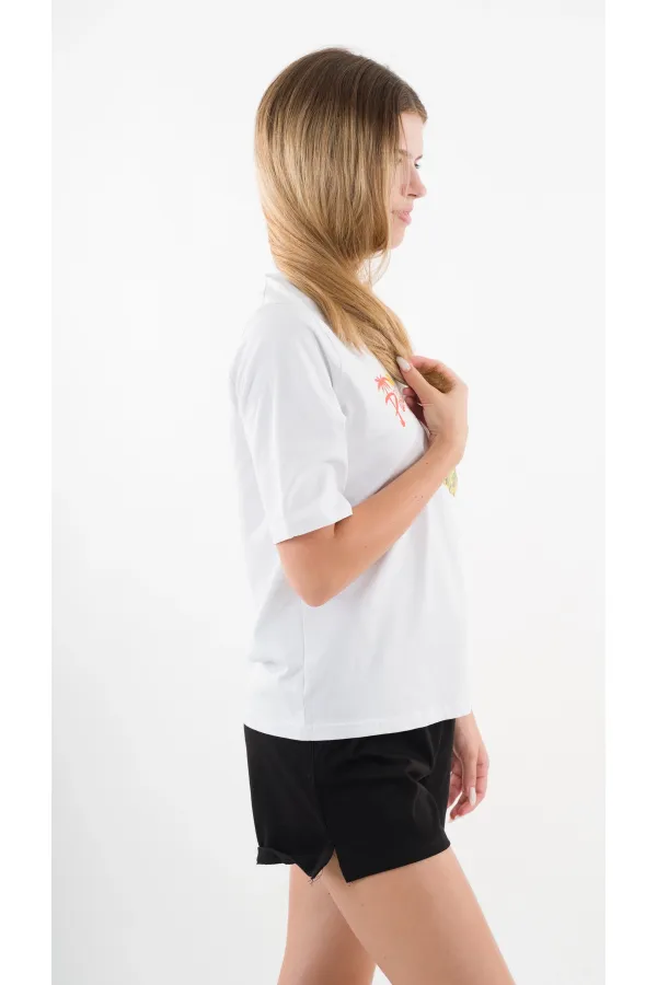 Women's White Yellow Banana House Printed Crew Neck T-Shirt HZL24S-YY302