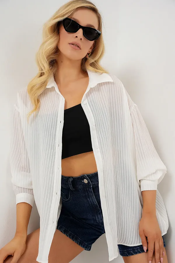 Kadın Uzun Oversize Gömlek 20320 - Beyaz