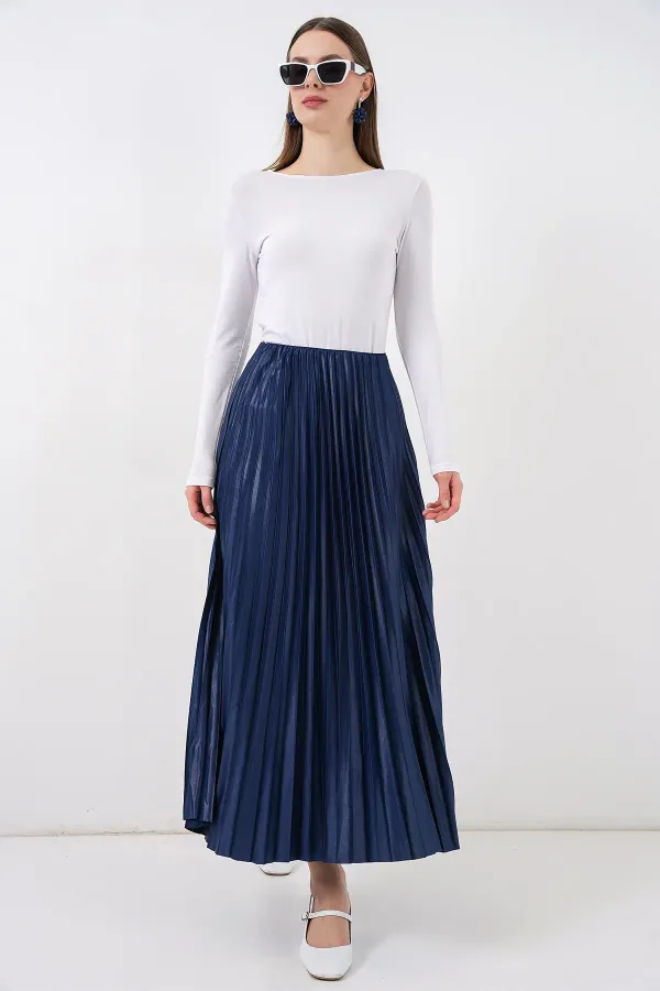 8009 Deri Görünümlü Piliseli Etek - Lacivert