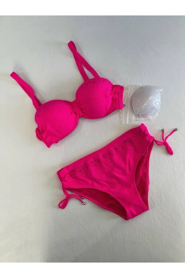 Women's Fuchsia Stone Embroidered Lined Bikini Set HZL25S-LC3361