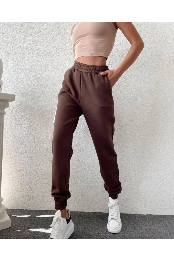 Kadın Kahverengi Cepli Beli Paçası Lastikli 3 İplik Şardonlu Eşofman Altı HZL24W-ZK12321